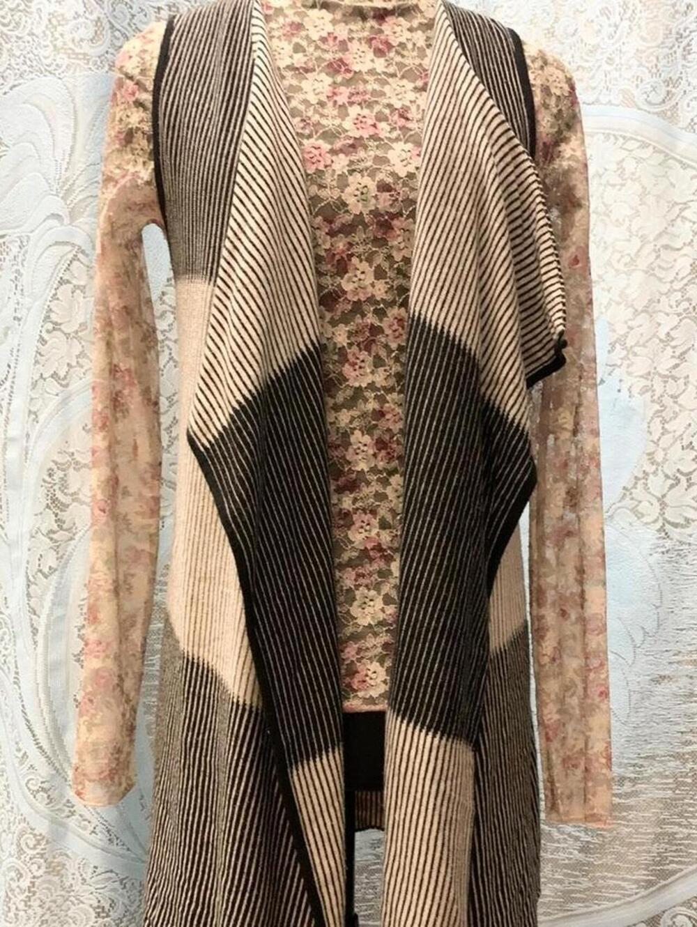 Boho Geometric Striped Duster Waterfall Vest Cardigan Black Tan Neutral